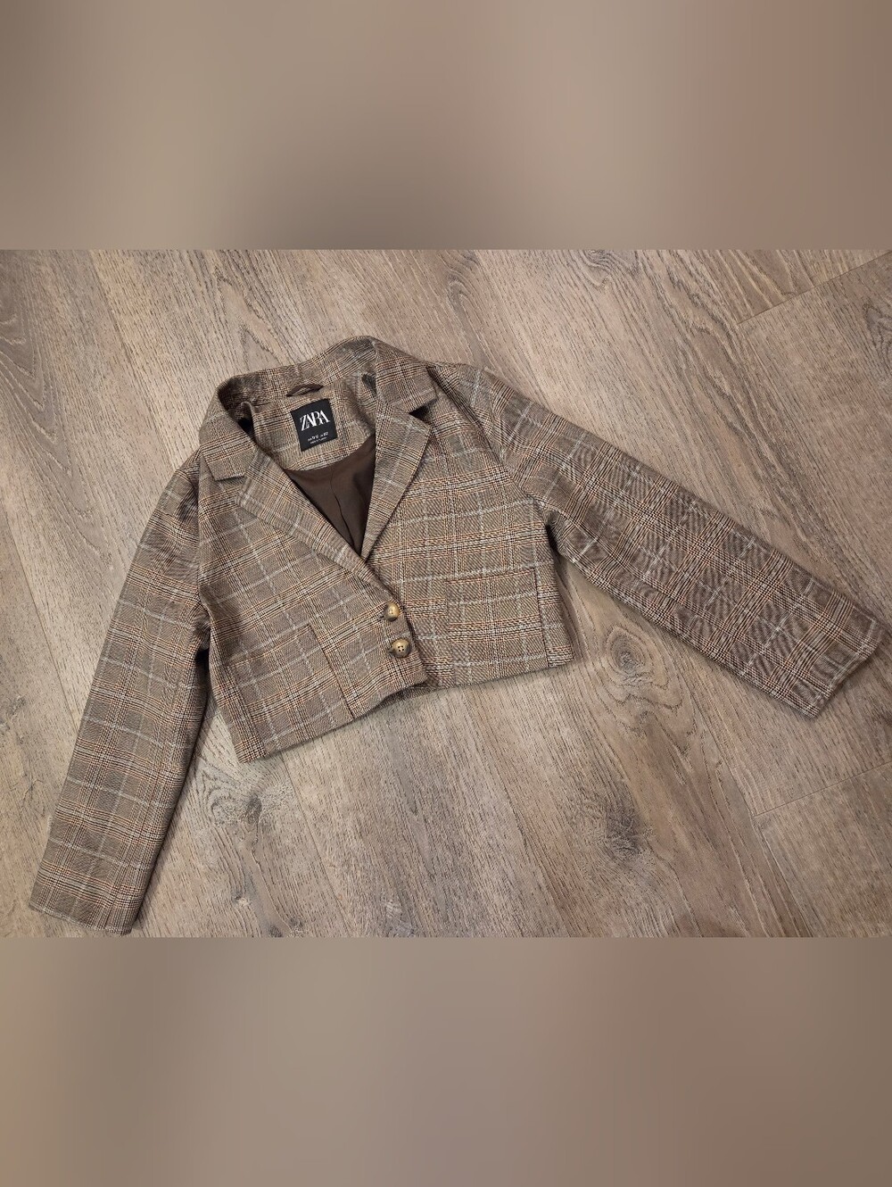 Zara Kids Plaid Cropped Blazer Jacket in Brown